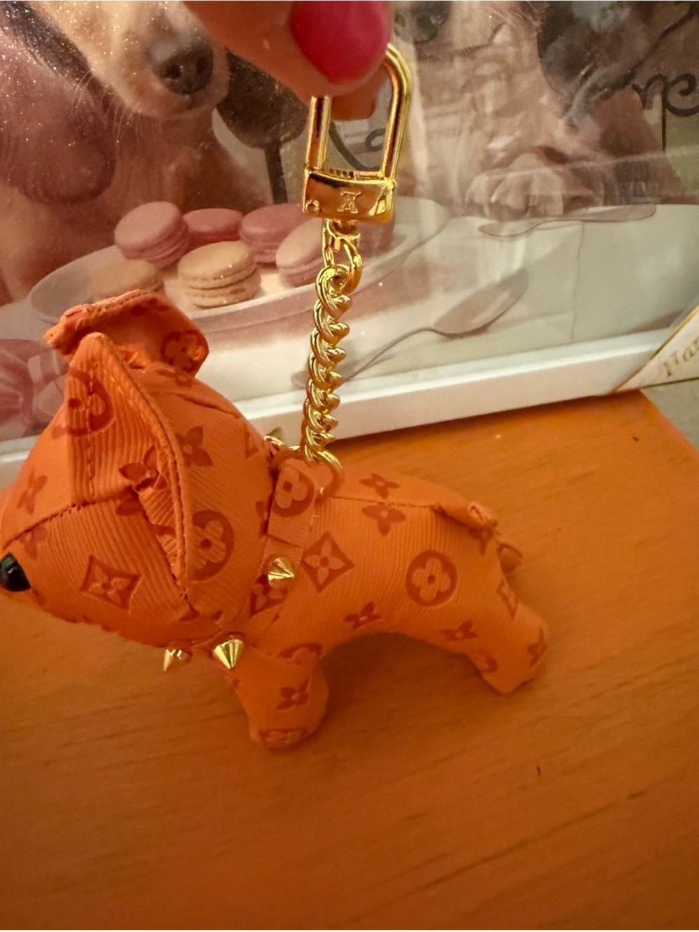 Orange Monogram Dog Key Charm with Gold Chain